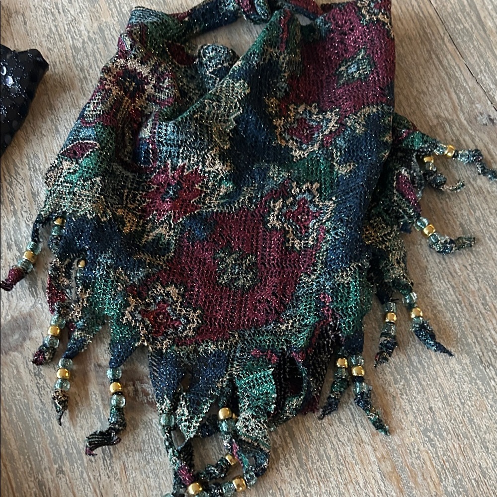 Vintage Four Beaded Fringe Scarves - Black, Pink, Green, Patterned - Picture 4 of 4